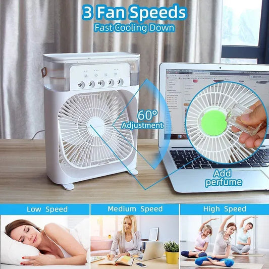 👉 Portable Mini Air Cooler with LED Light – USB Cooling Fan with Mist Spray (3 Speeds)
