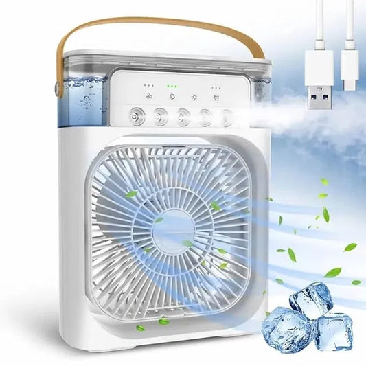 👉 Portable Mini Air Cooler with LED Light – USB Cooling Fan with Mist Spray (3 Speeds)